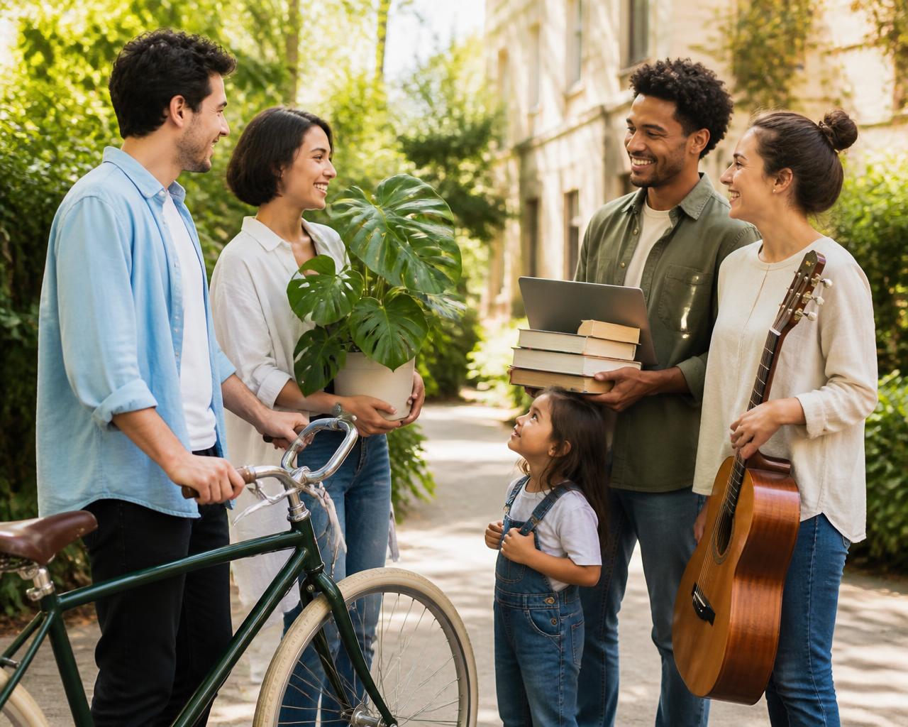 Des habitants échangent un vélo, une plante, des livres et une guitare lors d'un troc de quartier