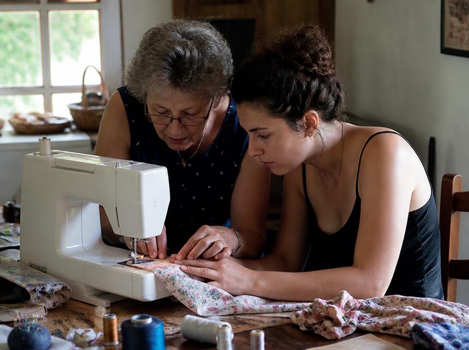 Une couturière expérimentée transmet son savoir-faire à une jeune femme devant une machine à coudre